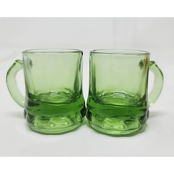Vintage Green Federal Glass Company Mini Mug Shot Glasses Set of Two - Picture 3 of 7